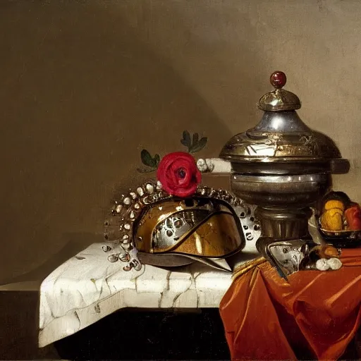 Prompt: an elegant still life with jewelled longsword in a vase and helmet on table by jan davidsz. de heem, 4 k horizontal wallpaper