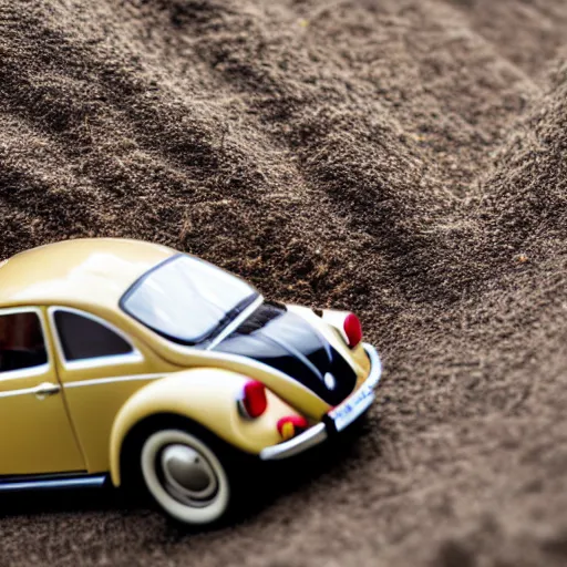 Prompt: a miniature volkswagen beetle. nature photography. macrophotography. NIKON D800E + 105mm f/2.8 @ 105mm, ISO 400, 1/1000, f/3.5