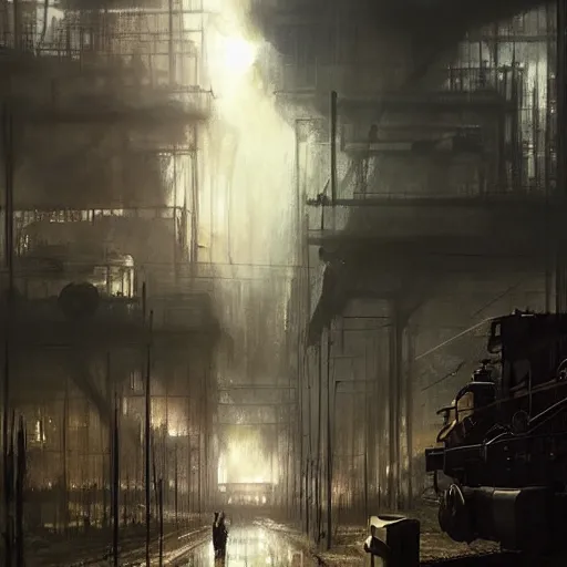 Image similar to a train driving trough dystopian hellscape, long shot, lumnious, magical, atmospheric, urban concept art, backlighting, by greg rutkowski *, martin mottet, maya takamura, and william turner