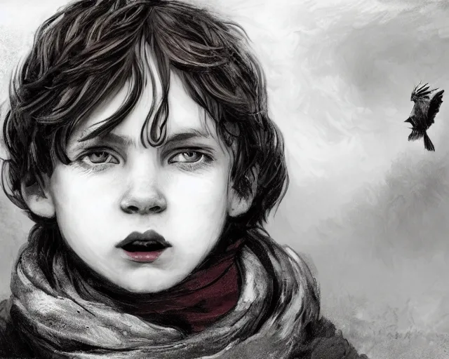 Prompt: a black and white highly detailed digital painting of a young boy with a red scarf, medium long brown hair, green eyes, is looking at a bird, ethereal, horror, fantasy art by greg rutkowski and magali villeneuve and claude monet black and white but the eyes are green and the scarf is red