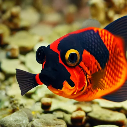 Image similar to “photograph of a ranchu goldfish with a mustache wearing a top hat and a monocle, holding a staff by its fin, hd, high res, high quality, sharp focus, 8k”