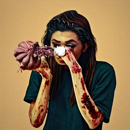 Image similar to zombie sarah hyland eating a clove of garlic, art by beeple