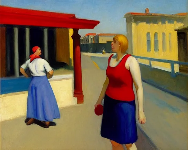 Image similar to blond woman with red and blue shoes in israel, salsa vendor, oil on canvas by edward hopper