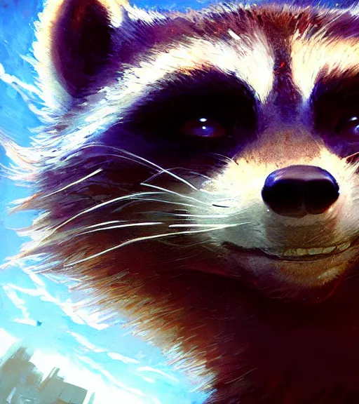 Image similar to a closeup portrait of Rocket Raccoon by Craig Mullins; extraordinary-masterpiece; realistic-lighting; 90mm; f/1.4