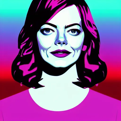 Prompt: a closeup of emma stone, in retro colors, synthwave style, 2 d digital vector art