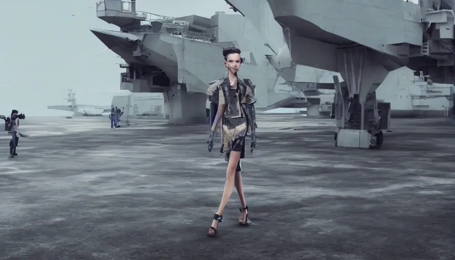 Image similar to A fashion Catwalk on an aircraft carrier, Fashion Photography, Concept Art, Octane, Redshift, High Detail