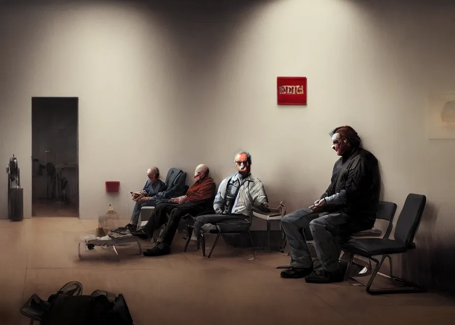 Image similar to dynamic painting of Michael Myers sitting in the waiting room of an optometrist amongst other patients, sharp focus, trending on ArtStation, masterpiece, by Greg Rutkowski, by Ross Tran, by Fenghua Zhong, octane, soft render, oil on canvas, moody lighting, high contrast, cinematic, professional environmental concept art