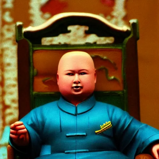 Image similar to Real life Bobby Hill sits on his throne as emperor of Hill Dynasty China, 35mm film