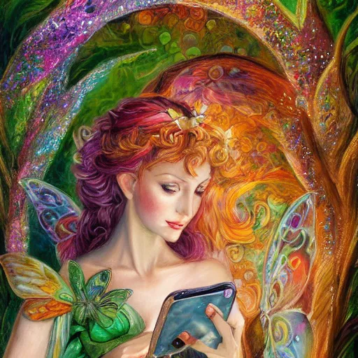 Prompt: a fairy checking her cell phone by senior concept artist josephine wall, acrylic on canvas, intricately detailed, high resolution trending on artstation