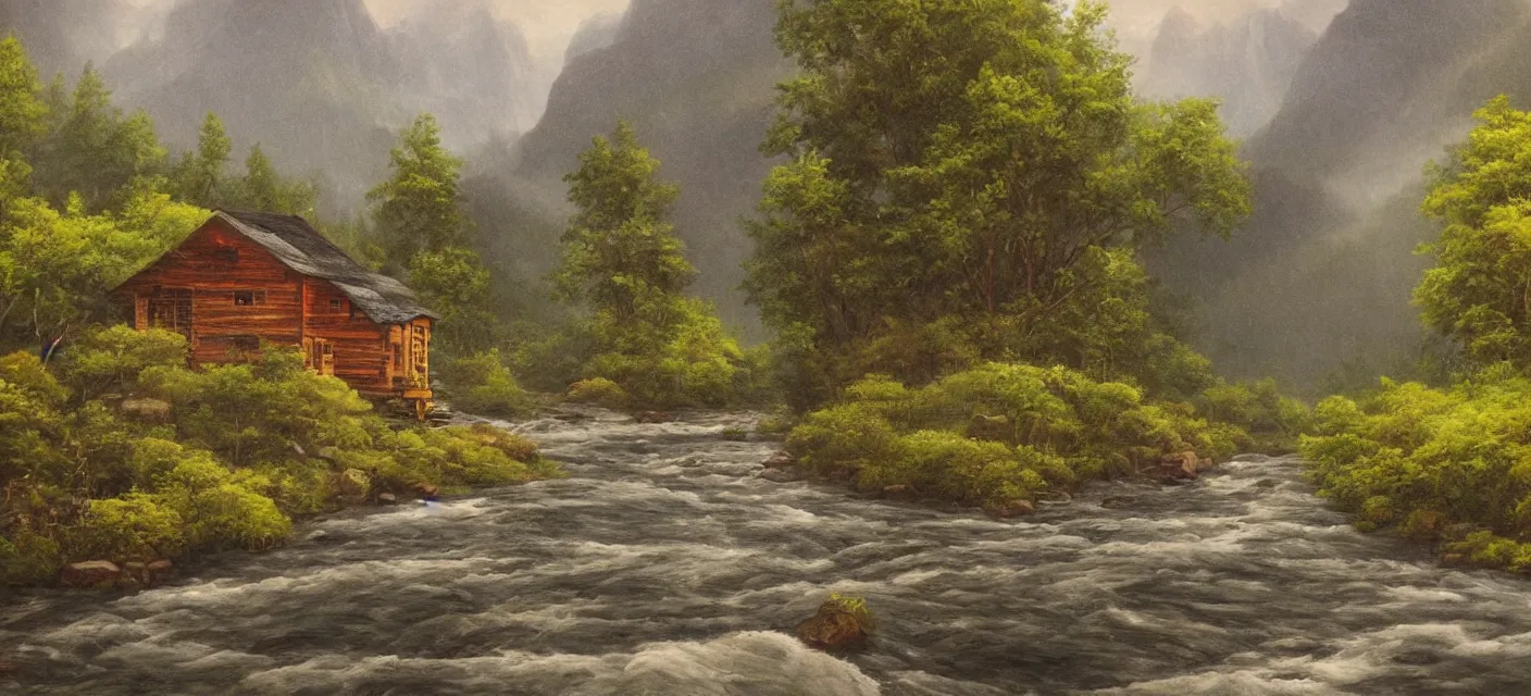 Prompt: a river running past a cozy cabin in mountain side, monsoon, classic painting, award winning, highly detailed