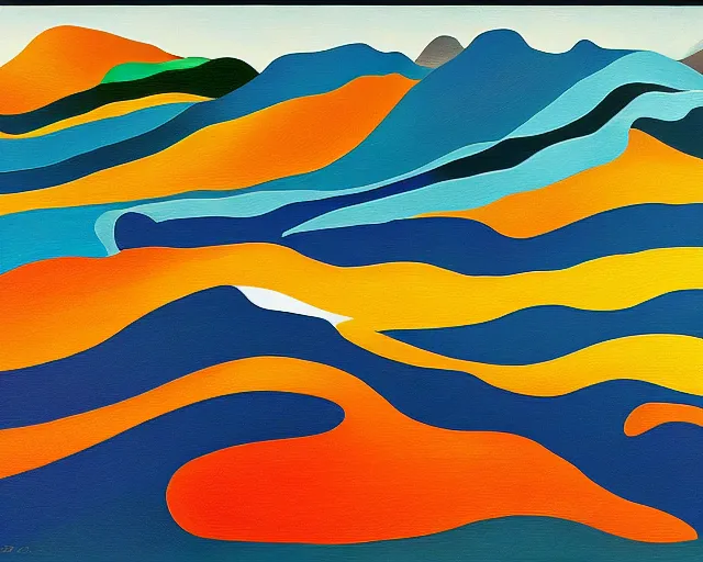 Image similar to A wild, insane, modernist landscape painting. Wild energy patterns rippling in all directions. Curves, organic, zig-zags. Saturated color. Mountains. Clouds. Rushing water. Wayne Thiebaud. Lisa Yuskavage landscape.