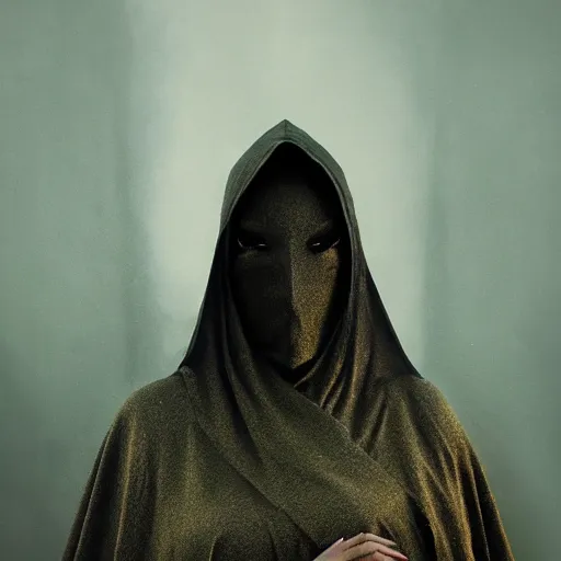 Image similar to a portrait of a young woman wearing a long dark cloak, hood and shadows covering face, holding golden chains, oil painting, matte painting, black background, Volumetric Golden dappled dynamic lighting, Highly Detailed, Cinematic Lighting, Unreal Engine, 8k, HD, by Beksinski