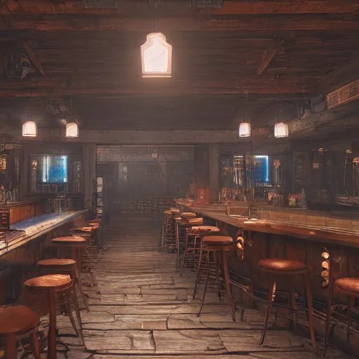 Image similar to ultra mega super hyper realistic Digital concept interior design of tavern in Cyberpunk style mixed with medieval style. Natural white sunlight from the transperient roof . Rendered in VRAY and DaVinci Resolve and MAXWELL and LUMION 3D, Volumetric natural light