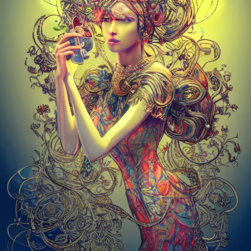 Image similar to the most ridiculously beautiful and elegant woman ever imaginable, an ultrafine detailed illustration by james jean, final fantasy, intricate linework, bright colors, behance contest winner, vanitas, angular, altermodern, unreal engine 5 highly rendered, global illumination, radiant light, detailed and intricate environment