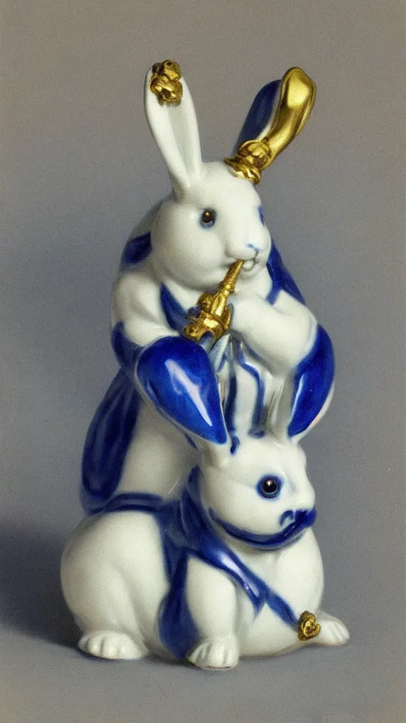 Image similar to a porcelain blue rabbit with a golden details have a japanese pipe painted by john singer sargent