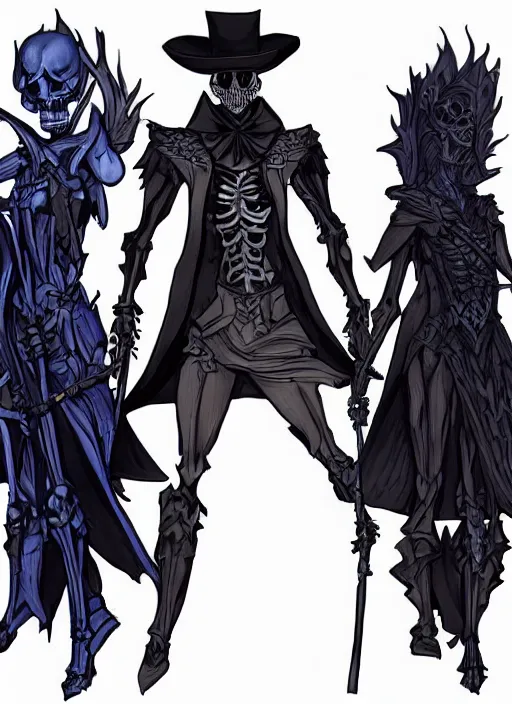 Image similar to DND character art, skeletal male figure, wearing a deep black suit!!! and tie and top hat, holding a gold! cane!. blue!!! flames!!