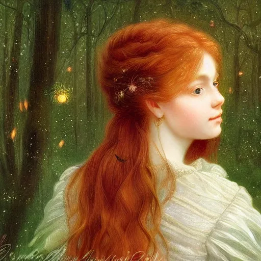 Image similar to sharp, intricate fine details, breathtaking, digital art portrait of a red haired girl with long hair and green eyes softly smiling, in a dreamy, mesmerizing scenery with fireflies, art by elisabeth vigee le brun
