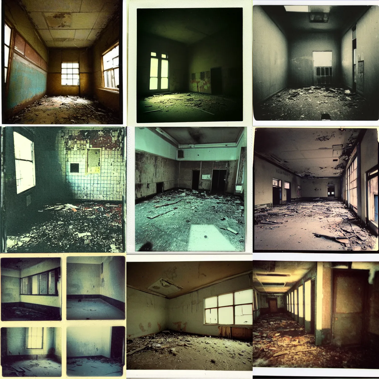 Prompt: polaroid of the interior of an abandoned school sad, depressing, creepy, bad lighting