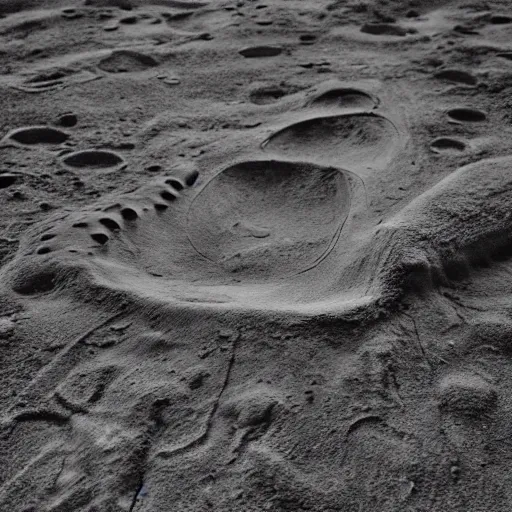 Image similar to i touch the smooth fossilised footprint of a long extinct dinosaur. my hand examines the space. cinematic hdr 3 5 mm