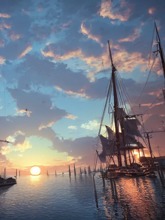 Image similar to photo of 8k ultra realistic harbour, port, boats, sunset, beautiful light, golden hour, full of colour, cinematic lighting, battered, trending on artstation, 4k, hyperrealistic, focused, extreme details,unreal engine 5, cinematic, masterpiece, art by studio ghibli