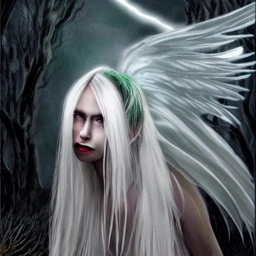 Image similar to ultrarealistic horrific, beautiful banshee with brightly shining wings and white hair imprisoned in a very dark nearly lightless, sombre, horrific forest