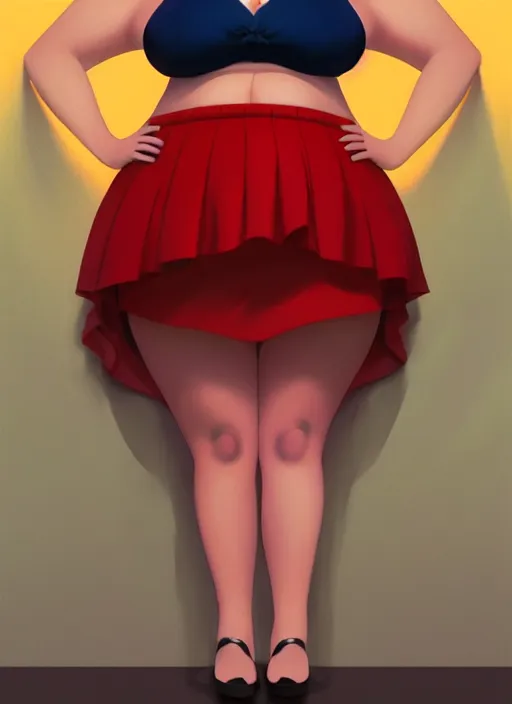 Image similar to full body portrait of teenage veronica lodge, obese, bangs, sultry, realistic, sultry smirk, wavy hair, red skirt, fat, belly, intricate, elegant, glowing lights, highly detailed, digital painting, artstation, concept art, smooth, sharp focus, illustration, art by wlop, mars ravelo and greg rutkowski