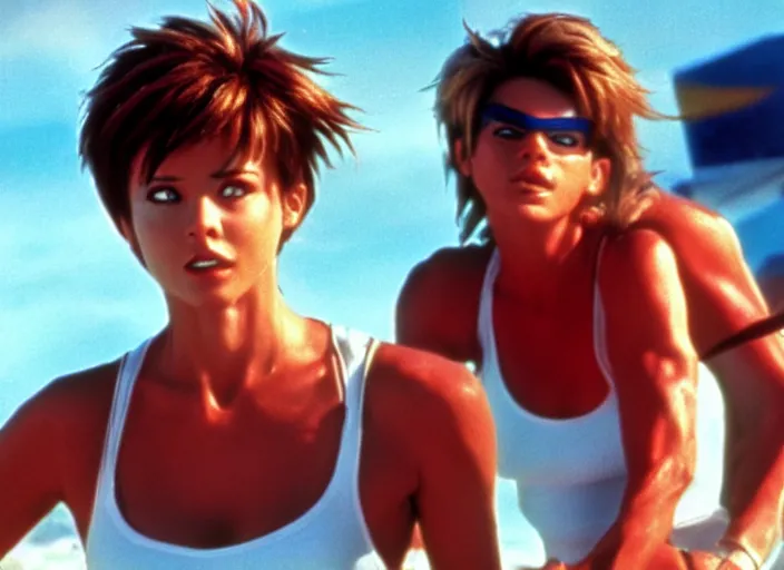 Prompt: a film still of a tracer from overwatch in baywatch 1 9 8 9