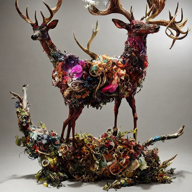 Prompt: etrange colorfull beautifull mythic animal deer sculpture by ellen jewett, beth cavener, sayaka ganz, edouard martinet, john o'reilly and judith klausner,