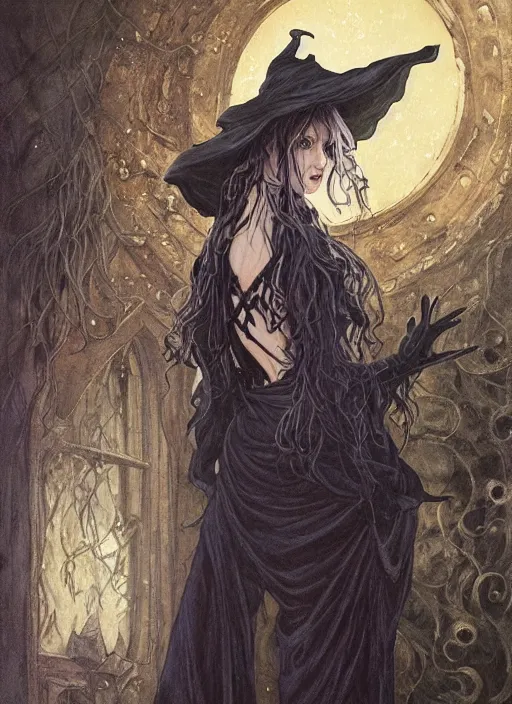Prompt: painting of alluring witch in the haunted house, detailed face, messy black hair, skintight robes and pants, hat, silver accessories, high fantasy, dnd, extremely detailed, smooth, sharp focus, intricate, art by rebecca guay, rossdraws, magali villeneuve
