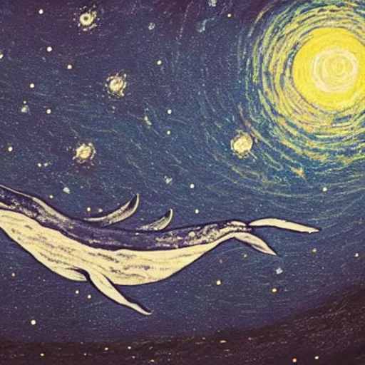 Image similar to portrait of whale swimming on a starry night sky, swimming across the universe, oniric, dreamy, beautiful, highly detailed, cinematic