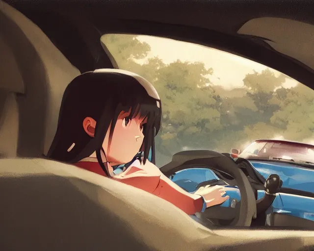 Image similar to a brunnete girl with blue eyes and puffy cheeks driving a car, car accident, close up shot from the back of the car, anime art, Greg Rutkowski, studio ghibli, dramatic lighting