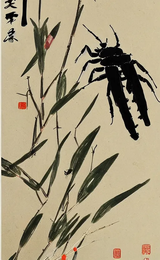 Prompt: qi baishi's chinese painting, insect and plant