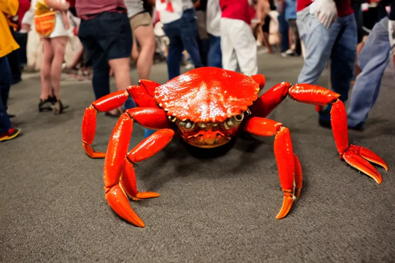 Prompt: cosplayer dressed like a crab, in 2 0 1 8, at a crab convention, royalcore, low - light photograph, photography by tyler mitchell