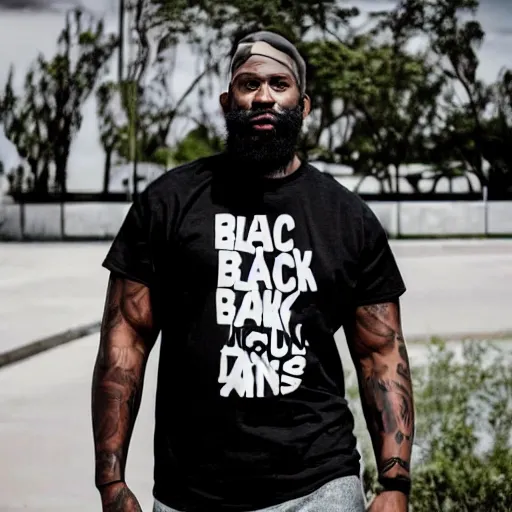 Image similar to a black man without air, black rapper beard, black shirt, jean