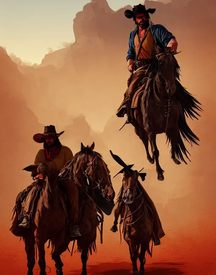 Image similar to misterious gaucho bandido commander, shady look, a raggy long poncho, red dead redemption, magic the gathering, intricate desert background, highly detailed, digital painting, artstation, concept art, sharp focus, illustration, art by Artgerm, Grafit Studio, and Greg Rutkowski and Craig Mullins