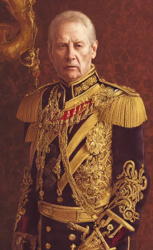 Prompt: Portrait of a middle aged man wearing a ceremonial uniform in an ornate drawing room, male, detailed face, renaissance, royal, highly detailed, cinematic lighting, digital art painting by greg rutkowski