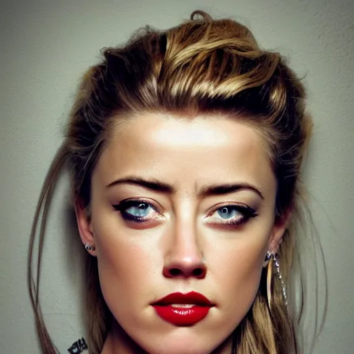 Image similar to amber heard mugshot holding plate in prison, nose piercings, lip piercings, eye piercings,'no regrets'tattood on forehead, ultra realistic, 8 k, canon 3 5 mm portrait photography