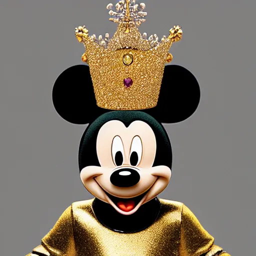 Image similar to Mickey Mouse with a diamond jeweled crown with a golden crown, photo-realistic, highly detailed, 8k, in the art style of Filip Hodas, 8k