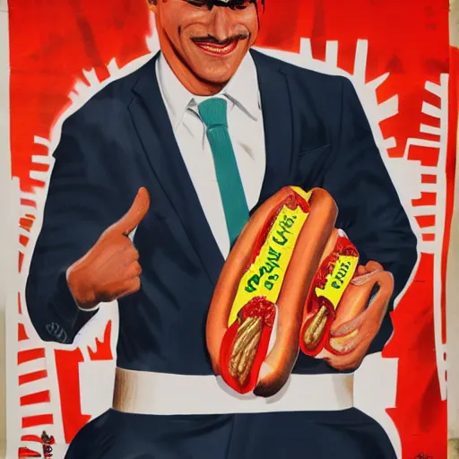 Image similar to pedro sanchez wearing a toreador suit, in a propaganda poster, selling hot dogs