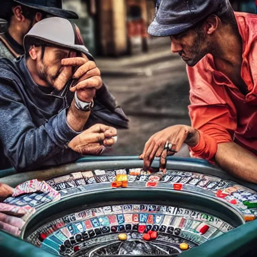 Prompt: with my homies playin street gambling, extremely human detailed, brutal human detailed!!!, hdr human detailed, 4 k human detailed!!!, smooth human detailed!!! photo hyper realistic, the best photograph of august, pinterest render, vogue render