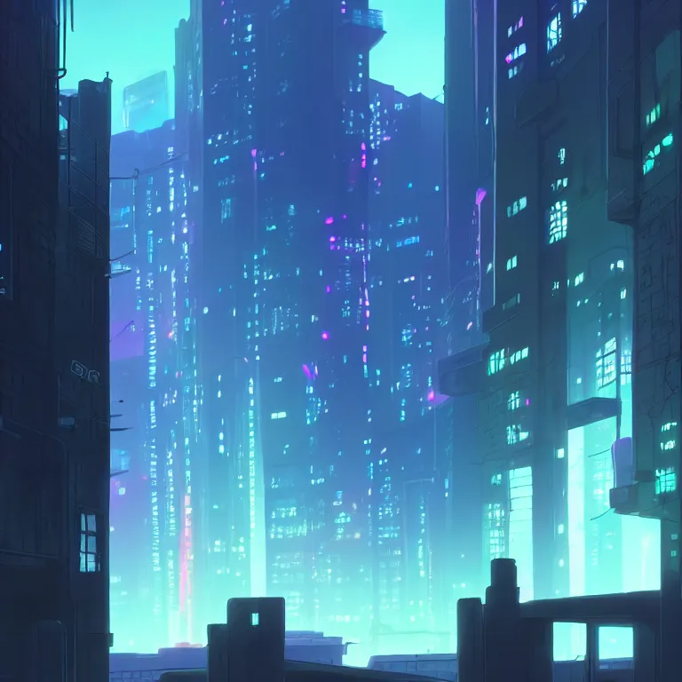 Prompt: city wall in the atmospheric cyberpunk anime film, gouache matte background painting, neon noir, at night with lights, by makoto shinkai, in the anime series ergo proxy, beautiful specular edge highlights and rim lighting