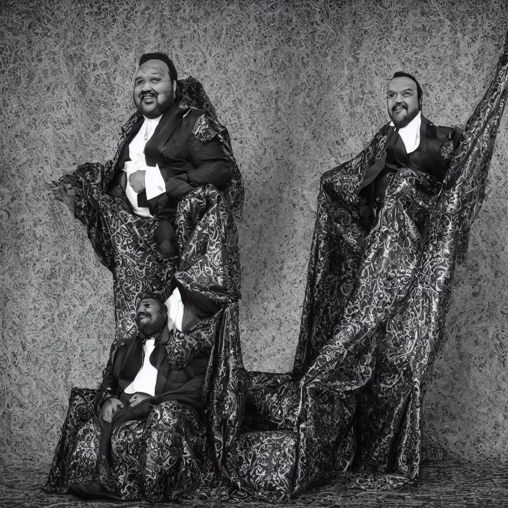 Prompt: single Large black man sitting on throne wrapped in silk, background made of large folding curtains, dark, hyper detailed, hyper realistic, 8K photo realistic, black and white color, dimly lit, butterfly lighting, dark, style of rafael pavarotti