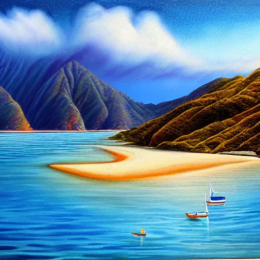 Prompt: tata islands, golden bay abel tasman new zealand, highly detailed, highly detailed fantasy ethereal surrealist art