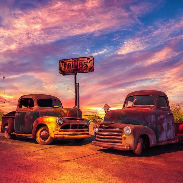 Image similar to a sunset light landscape with historical route 6 6, lots of sparkling details and sun ray ’ s, blinding backlight, smoke, volumetric lighting, colorful, octane, 3 5 mm, abandoned gas station, old rusty pickup - truck, beautiful epic colored reflections, very colorful heavenly, softlight