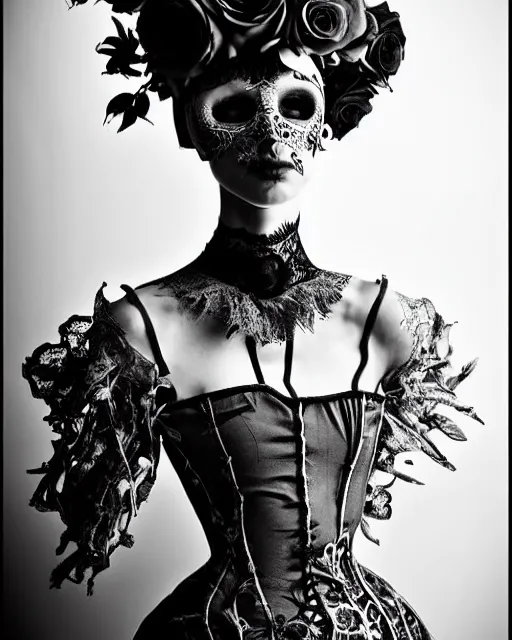 Prompt: dreamy surreal poetic black and white photo of a beautiful young silver bio-mechanical-female-vegetal-cyborg with a very long neck and a super big gothic lace collar and a very high big floral crown with many black dry roses by Vivienne Westwood:: smoke, high fashion, haute couture, rococo, avant-garde, silver filigree details, anatomical, facial muscles, cable wires, microchip, elegant, dreamy, hyper realistic, 150 mm lens, soft rim light, octane render, unreal engine, picture was taken in 1910 by Man Ray, volumetric lighting, dramatic light,8k,