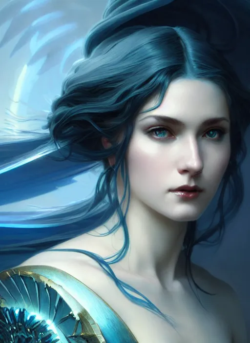 Image similar to a beautiful cinematic female archangel queen, fantasy sea landscape, fantasy magic, short aqua blue black fade hair, dark light night, intricate, elegant, sharp focus, illustration, highly detailed, digital painting, concept art, matte, art by WLOP and Artgerm and Greg Rutkowski and Alphonse Mucha, masterpiece