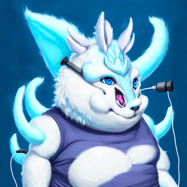 Image similar to a chubby anthropomorphic male blue dragon fursona, headphones on his head, cute, furry, beautiful, soft colors, oil on canvas, digital art, soft lighting