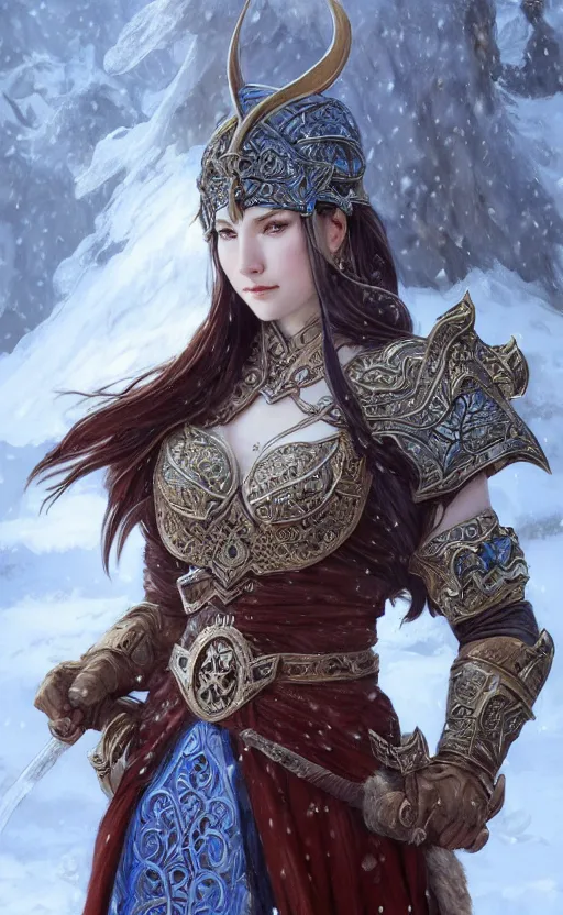 Image similar to azure viking warrior, regal, elegant, winter, snow, beautiful, stunning, hd, illustration, epic, d & d, fantasy, intricate, elegant, highly detailed, wide angle, digital painting, artstation, concept art, smooth, sharp focus, illustration, wallpaper, art by artgerm and greg rutkowski and alphonse mucha and jin xiaodi