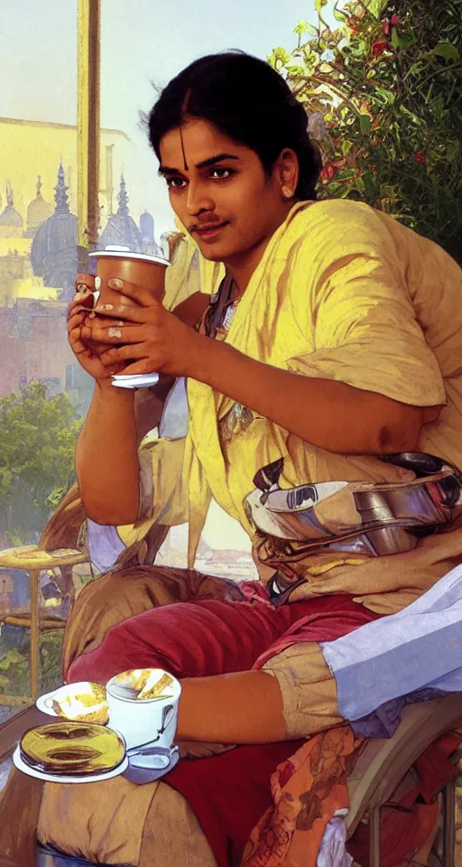 Image similar to close up of a young Indian doctor in scrubs drinking coffee, sun shining, photo realistic illustration by greg rutkowski, thomas kindkade, alphonse mucha, loish, norman rockwell.