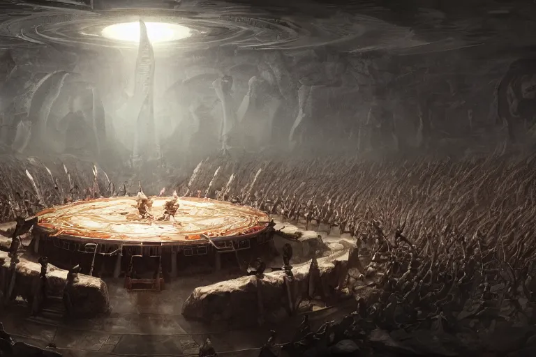 Image similar to meeting of the gods in a giant round table, digital painting, mixed media, trending on artstation and deviantart, epic composition, highly detailed, 8 k